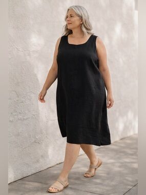 Eileen Fisher Woman 1X Black Linen Blend Shift Dress Minimalist Capsule Midi